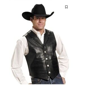 Roper Mens Black Cow Nappa Leather Buffalo Nickel‎ Button Western Vest Sz XL
